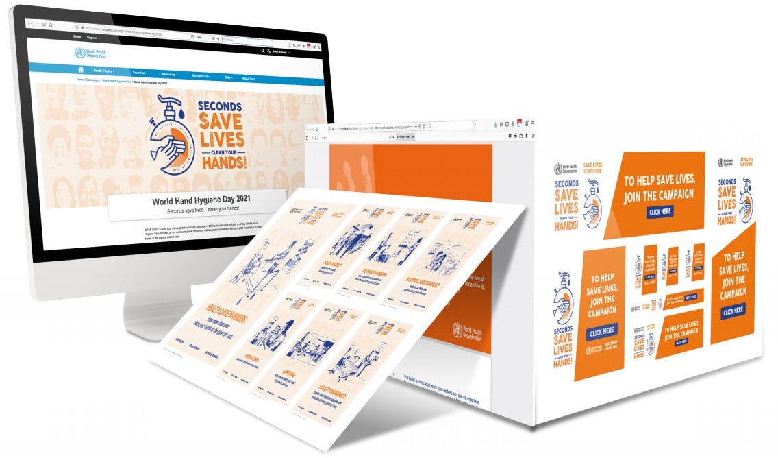 Illustration of a screen and box showing campaign assets for World Hand Hygiene Day 2021.